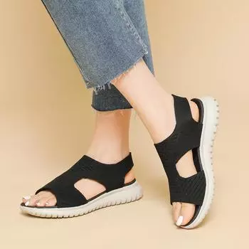 Женские летние сандалии Flyknit Fish Mouth на толстой подошве, весенние повседневные трикотажные ультралегкие однотонные сандалии с отверстиями, размеры 36-41 36 чёрный