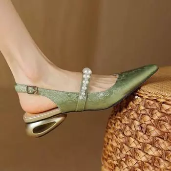 Женские летние сандалии-гладиаторы с острым носком и жемчугом на толстом каблуке, женские модные брендовые дизайнерские туфли-лодочки на каблуке, вечерние туфли с открытой пяткой 35 зелёный