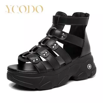 Женские летние сандалии из натуральной кожи на толстой подошве, женская обувь на высокой платформе, удобные сандалии на мягкой подошве с мягким лицом 34 чёрный