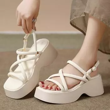 Женские летние сандалии на массивной платформе, модные туфли-гладиаторы с перекрестными ремешками, женские сандалии на танкетке с толстой подошвой для женщин 35