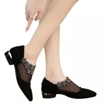 Женские летние сандалии на низком каблуке с заостренным ромбовидным цветком и сеткой, женские босоножки на низком каблуке 35 чёрный