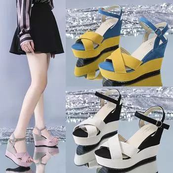 Женские летние сандалии на танкетке и каблуке, вечерние туфли на высоком каблуке на платформе 35 чёрный