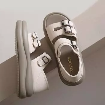 Женские летние сандалии на толстой подошве с пряжкой на поясе, ретро-римские сандалии, женские туфли на плоской подошве для двоих, пляжная женская обувь 35 бежевый