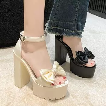 Женские летние сандалии на высоком каблуке 14 см, непромокаемая обувь на толстой подошве и платформе, модная женская обувь на толстом каблуке с бантом 34 чёрный
