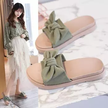 Женские летние сандалии Новые пляжные туфли с плоским дном Противоскользящий бант Увеличивает толстую подошву и тянет женские дышащие 36-37 зелёный