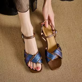 Женские летние сандалии, роскошные элегантные босоножки для женщин, тренд 2024 года, удобные модные босоножки на низком каблуке, обувь 35 синий