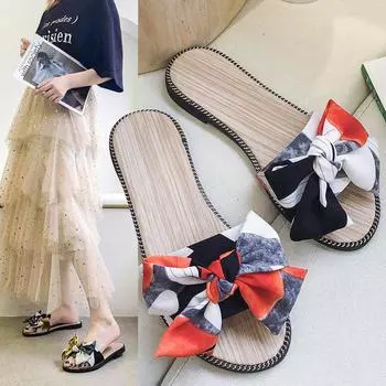 Женские летние сандалии с бантом, тапочки для дома и улицы, шлепанцы, пляжная обувь, новая мода, женские повседневные тапочки с цветочным принтом, chanclas 9 бежевый