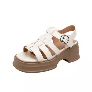 Женские летние сандалии с открытым носком, на небольшой платформе, с толстой подошвой, плетеные, в стиле «свиная клетка», сандалии с ремешком на щиколотке 34 бежевый