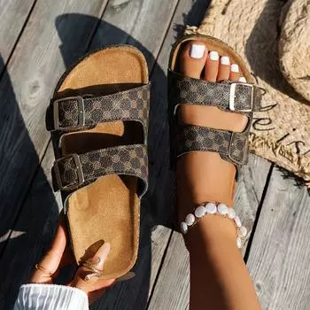 Женские летние сандалии-слайды — удобные пляжные туфли с двойной пряжкой, плоской подошвой, полиуретановым покрытием и тканевой подкладкой 36