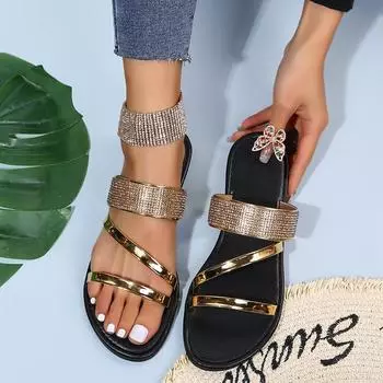 Женские летние сандалии со стразами, модные блестящие тапочки, повседневная обувь 36 золотой