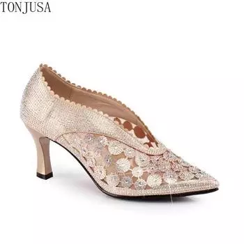 Женские летние сандалии, туфли-лодочки с острым носком и бантом, модные туфли на высоком сетчатом каблуке, полые туфли большого размера на среднем каблуке