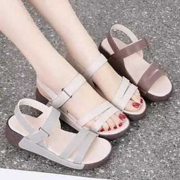 Женские летние босоножки на танкетке, нарядные, с открытым носком, повседневные, прогулочные сандалии для девочек, большой размер, платформа, толстая подошва 35 коричневый