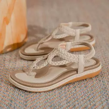 Женские летние сандалии в стиле бохо, повседневные удобные шлепанцы, пляжная обувь, эластичные сандалии на плоской подошве с Т-образным ремешком и щиколоткой 39