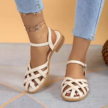 Женские летние сандалии в стиле ретро в римском стиле Baotou, ажурные плетеные толстые туфли на низком каблуке, повседневные мягкие пляжные сандалии с пряжкой, женские туфли 35 бежевый