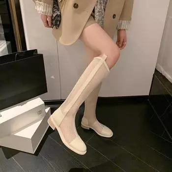Женские летние сапоги, роскошные элегантные длинные туфли для женщин, тренд 2024 года, удобные сетчатые каблуки, модные высокие сапоги для активного отдыха 35 чёрный