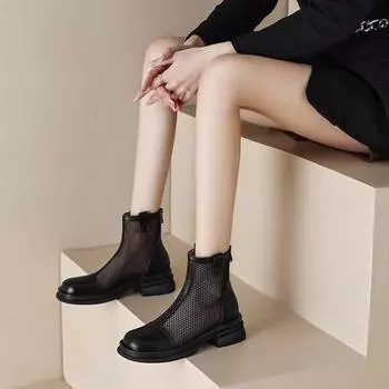 Женские летние сапоги, роскошные ботильоны для женщин, тренд 2024 года, удобные сетчатые сапоги из искусственной кожи для отдыха на открытом воздухе, модные сапоги на каблуке 35 чёрный