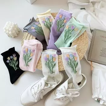 Женские летние сетчатые дышащие жаккардовые женские носки, тонкие хлопковые носки с вырезами, впитывающие пот, средние носки-трубочки