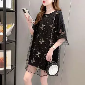 Женские летние сетчатые футболки с бабочками в стиле пэчворк, свободные топы с коротким рукавом, корейский стиль, поддельные футболки из двух частей большого размера M чёрный