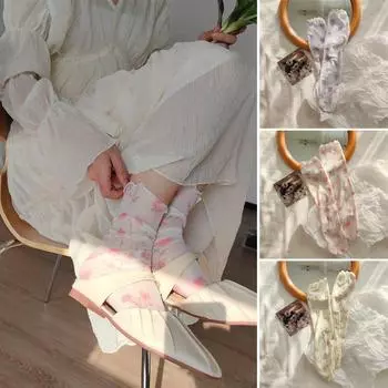 Женские летние сетчатые носки с рюшами, свободные средней длины, дышащие цветочные принты, милые модные женские винтажные носки фиолетовый