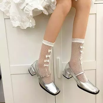 Женские летние сетчатые носки в сетку, средняя трубка с рюшами, ажурный галстук-бабочка, готические милые женские туфли в стиле Лолита бежевый