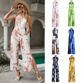 Женские летние сексуальные брюки с открытой спиной и принтом кокосовой пальмы, девятые брюки, эластичный комбинезон с лямкой на шее S