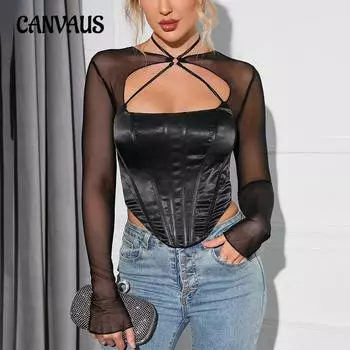 Женские летние сексуальные модные сетчатые топы с вырезом-рыбьей косточкой и ажурной отделкой M чёрный