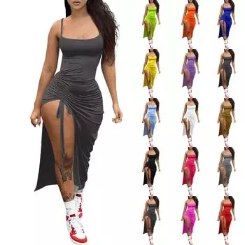 Женские летние сексуальные однотонные платья с открытой спиной и складками, с разрезом XL