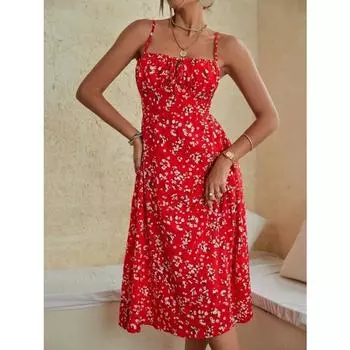 Женские летние сексуальные платья-камисоль с принтом в винтажном стиле, повседневные платья с разрезом на тонких бретельках XS красный
