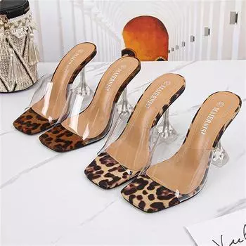 Женские летние сексуальные шлепанцы с леопардовым принтом на высоком каблуке 9 см, женские прозрачные шлепанцы на прозрачном каблуке, сандалии, обувь для стриптиза 42 коричневый