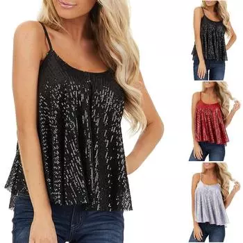 Женские летние сексуальные топы без рукавов на подтяжках с блестками M чёрный