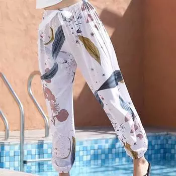 Женские летние шаровары с эластичной резинкой на талии, широкие брюки с цветочным принтом, пляжные брюки, повседневные брюки для отдыха и путешествий темно-зеленого