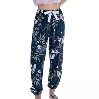 Женские летние шаровары с эластичной завязкой на талии, широкие повседневные брюки с цветочным принтом, тонкие шаровары M темно-синий
