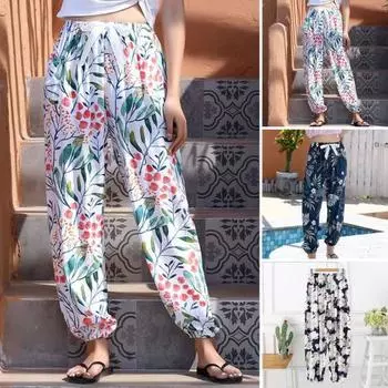 Женские летние шаровары с эластичной завязкой на талии, широкие повседневные брюки с цветочным принтом, тонкие шаровары L темно-синий
