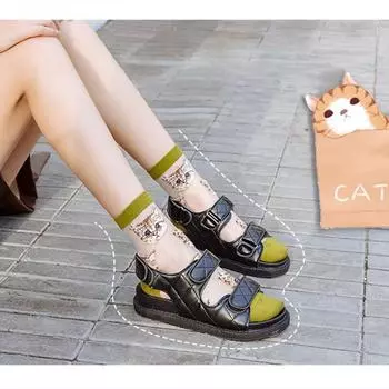 Женские летние шелковые носки с милыми рисунками котов ярких цветов, весенне-летние модные ультратонкие забавные женские носки в стиле Харадзюку