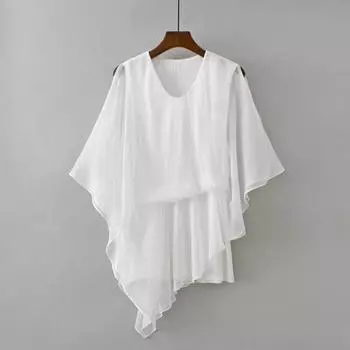 Женские летние шифоновые футболки больших размеров с неровным подолом, свободные, с рукавами «летучая мышь», элегантные блузки, белые, черные, повседневные топы M белый