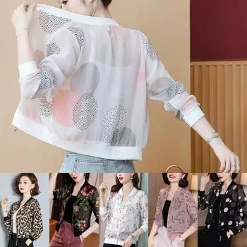 Женские летние шифоновые пальто с принтом Femlae, свободные куртки-бомберы с длинными рукавами, женские дышащие повседневные кардиганы на молнии с принтом 5XL