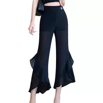 Женские летние шифоновые расклешенные брюки в сетку, женские тонкие повседневные винтажные шифоновые свободные брюки с высокой талией, однотонные свободные капри S чёрный