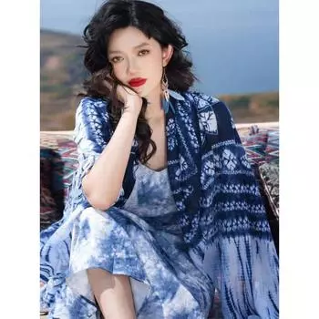 Женские летние шифоновые свободные длинные платья с лямкой на бретельках Tie-Dye для пляжного отдыха S синий/белый