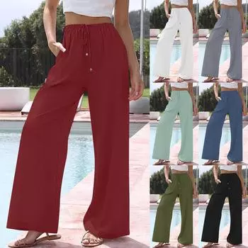 Женские летние широкие брюки из хлопка и льна, струящиеся широкие брюки, однотонные пляжные брюки с завязками (с карманами) XXXL