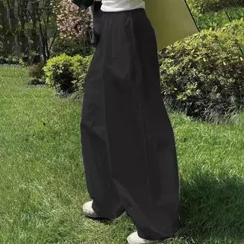 Женские летние широкие брюки, повседневные однотонные брюки с эластичной талией и широкими штанинами, свободные брюки с карманами XXL чёрный