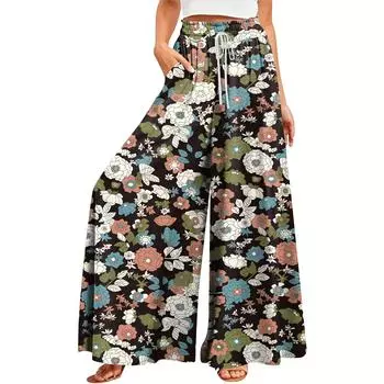 Женские летние широкие брюки с высокой талией и струящимися карманами, модные повседневные повседневные пляжные брюки в богемном стиле с принтом L темно-зеленого