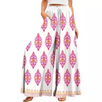 Женские летние широкие брюки с высокой талией и струящимися карманами, модные повседневные повседневные пляжные брюки в богемном стиле с принтом M розовый