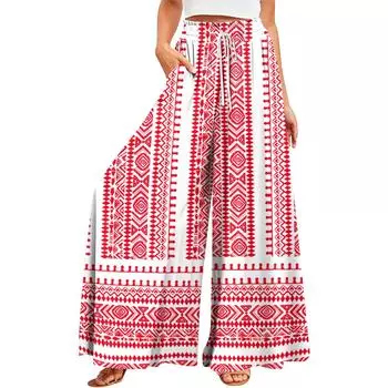 Женские летние широкие брюки с высокой талией и струящимися карманами, модные повседневные повседневные пляжные брюки в богемном стиле с принтом S красный