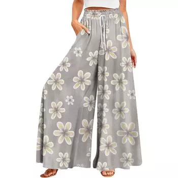 Женские летние широкие брюки с высокой талией и струящимися карманами, модные повседневные повседневные пляжные брюки в богемном стиле с принтом S хаки
