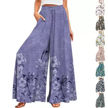Женские летние широкие брюки с высокой талией и струящимися карманами, модные повседневные повседневные пляжные брюки в богемном стиле с принтом L