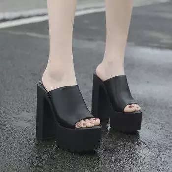 Женские летние шлепанцы из лакированной кожи на платформе и высоком каблуке 14 см с открытым носком, размеры 35-41 38 чёрный