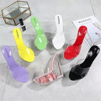 Женские летние шлепанцы на высоком каблуке 14 см, 4 см на танкетке и платформе с открытым носком, женские прозрачные шлепанцы с цветочным принтом, прозрачные туфли на массивном каблуке 39 красный