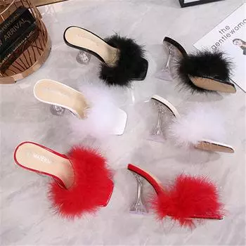 Женские летние шлепанцы на высоком каблуке 9 см, туфли-лодочки на прозрачном меховом каблуке, женские прозрачные шлепанцы на платформе, сексуальная качественная обувь для ночного клуба 42 красный
