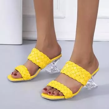 Женские летние шлепанцы на высоком каблуке, сандалии с плетеными кристаллами, женские сандалии на каблуке, модные прозрачные толстые женские сандалии, обувь 43 чёрный