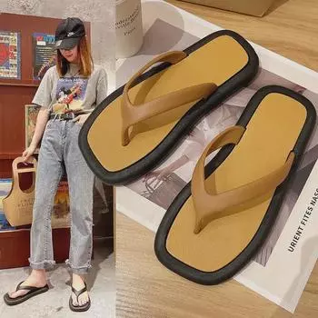 Женские летние шлепанцы с квадратным носком в тон для пляжа на нескользящей подошве 38-39 (Runs Small) коричневый